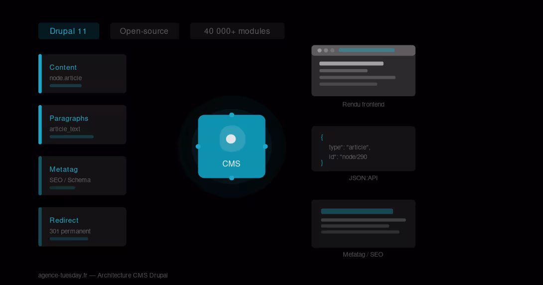 Architecture modulaire du CMS Drupal : content, paragraphs, metatag et outputs web