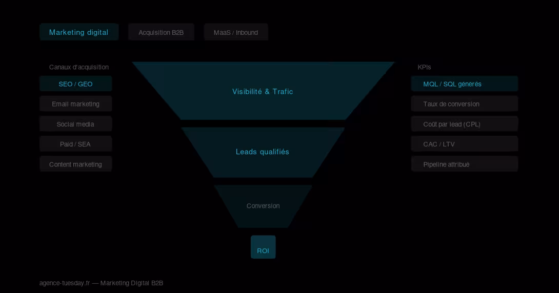 Marketing digital B2B — funnel d'acquisition et KPIs